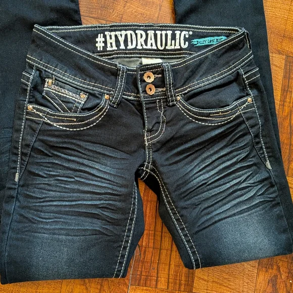 Hydraulic Dark Blue Navy Faded Bailey Low Rise Micro Boot Bootcut Jeans Size 1/2 - Picture 2 of 7